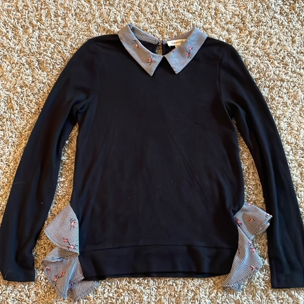 Black Knit Sweater Long Sleeve with Patterned Collar